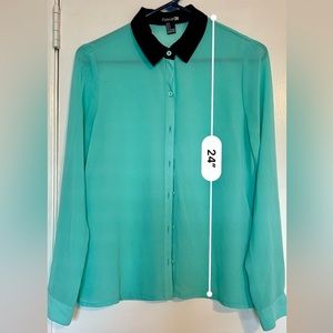 Forever 21- Teal/Black Button Down- Sheer-Long Sleeve- Size Small